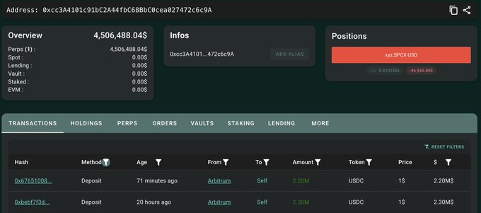 The image displays a screen showing multiple columns of data such as the type of transaction, amounts involved, and positions held. The screen also shows a list of transactions from Hyperliquid, which could be related to the trading activity described in the screenshot. The information presented on this screen might suggest that someone has created or has made a new wallet with 4.5M USDC, and they have set limit orders for short positions involving Hyper Liquid as part of their investment strategy. The screen displays some interesting details like the Hyperliquid trading platform being used by someone who is betting on a post-IPO pump followed by a dump in the cryptocurrency market.