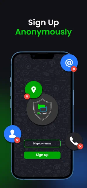 The image shows a smartphone mockup displaying the "Sign Up Anonymously" screen for Bchat (BeldexCoin's messaging app), featuring a green shield logo with "bchat" text, an input field labeled "Display name," and a green "Sign up" button, all surrounded by icons with red X marks representing the elimination of phone number, email, and contact list requirements.