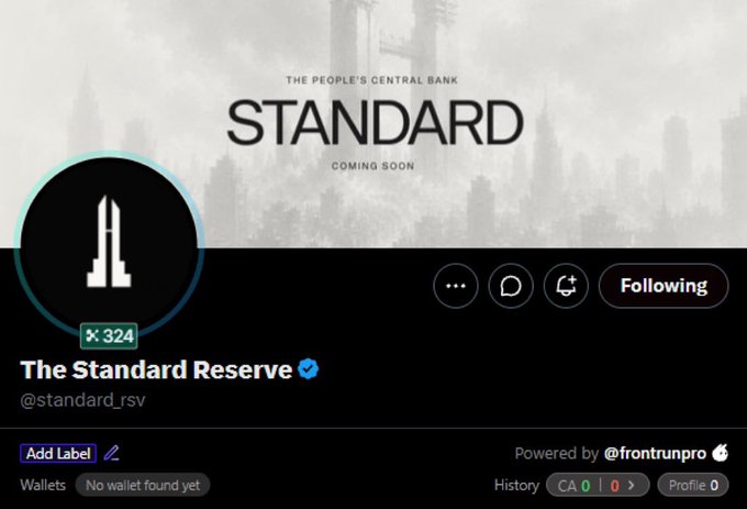 A screenshot of The Standard Reserve's (@standard_rsv) "Coming Soon" Twitter/X profile page, featuring their "Standard – The People's Central Bank" banner with a cityscape and a black circular logo marked with "×324," a verified account with no wallet yet linked and powered by @frontrunpro. The image ties to the post's description of Standard Reserve building an onchain bank where NFT Charters generate Branches that earn and burn the $STANDARD token.