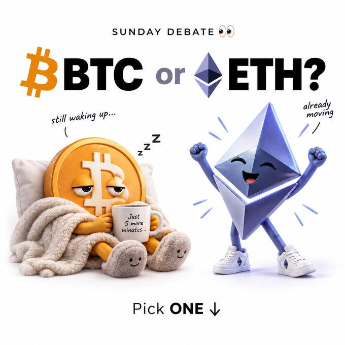 A 'SUNDAY DEBATE' meme comparing BTC and ETH, showing a sleepy Bitcoin coin in bed saying 'still waking up... Just 5 more minutes' and an energetic Ethereum logo with arms raised saying 'already moving,' prompting viewers to 'Pick ONE.'