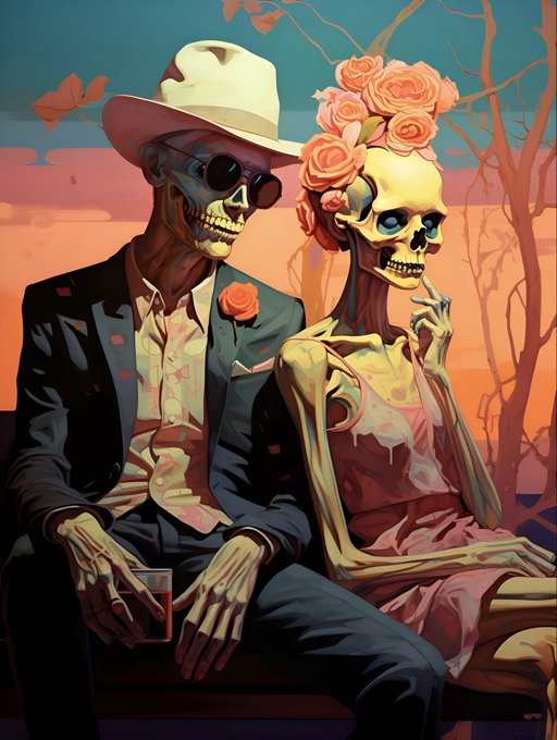 A stylized illustration of two skeletons dressed as a couple—a male in a suit, sunglasses, and white hat, and a female in a pink dress with roses in her hair—sitting together against a sunset background.
