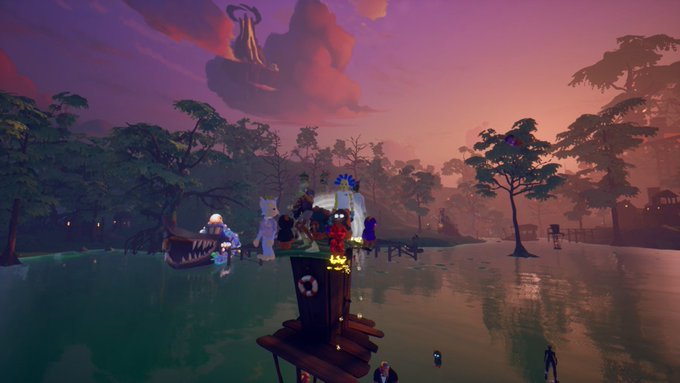 A vibrant, cartoonish digital landscape at dusk with pink and purple hues, featuring stylized characters and a boat near a dock over calm waters. The whimsical scene aligns with the "Bubble_CATS_27" theme, depicting a playful, game-like environment reminiscent of the ODK (Open DeFi Kingdom) fishing activities mentioned in the post.