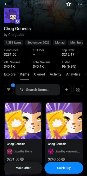 An NFT marketplace page for 'Chog Genesis' collection by ChogLabs shows a floor price of $231.50, 24H volume of $40.1K, and 96 listed items out of 1,388.