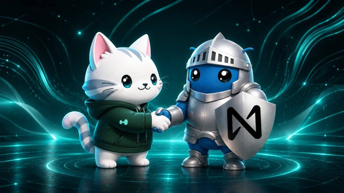 The image features two figurines - one cat and one robot - standing next to each other with their arms around each other, symbolizing friendship or camaraderie. The cat has white fur and a green hooded jacket, while the robot is blue in color and wears a silver suit with a shield on its back.

The image also includes text that reads "Near community members are sharing interesting images on X there might not be any however, as a concept, enabling deposits and withdrawals on Hyperliquid via Near Intents would be a strong use case Near Intents is already a solid". This suggests that the image could be related to a discussion or idea about Near Accounts in the context of cryptocurrency.