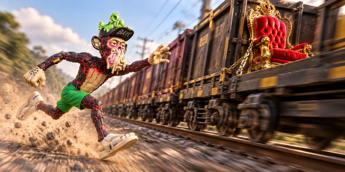 A surreal 3D-rendered character with a grotesque ape-like face wearing a green hat and shorts, running alongside a moving train carrying a red and gold throne.