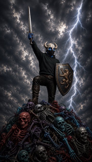 A dark fantasy figure wearing a horned helmet and black clothing stands triumphantly on a pile of colorful skeletons, holding up a sword while lightning strikes in the stormy sky behind them.