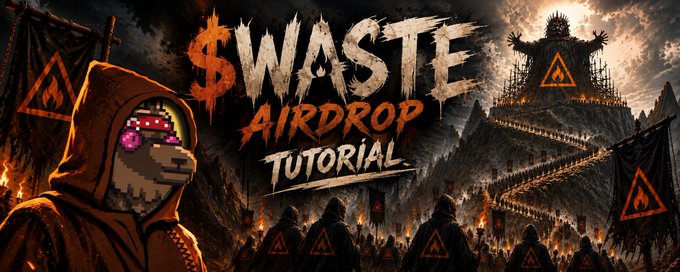 A dramatic promotional banner reading '$WASTE AIRDROP TUTORIAL' featuring a hooded figure with a digital visor, set against a dark scene with flaming torches and a pyramid-like structure.