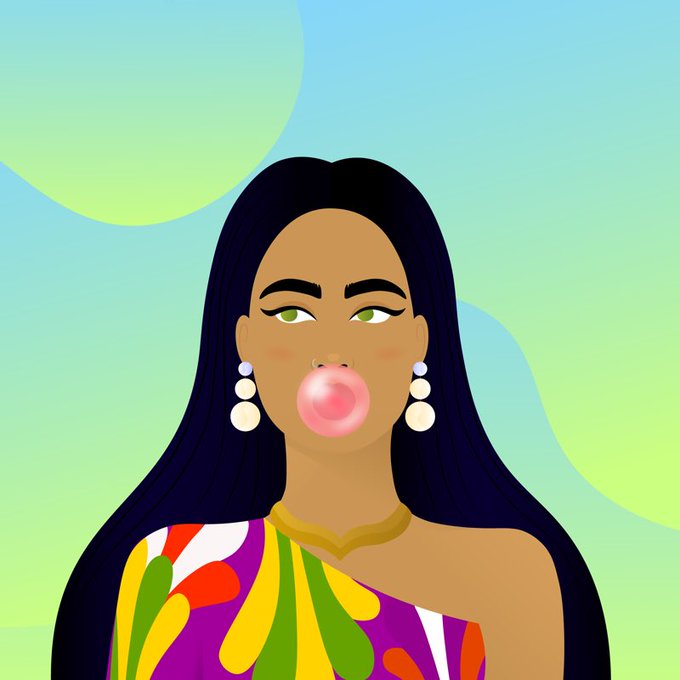 A digital illustration depicts a woman with long black hair and green eyes blowing a pink bubblegum bubble, wearing large round earrings and a vibrant, multicolored top against a pastel green and blue background.