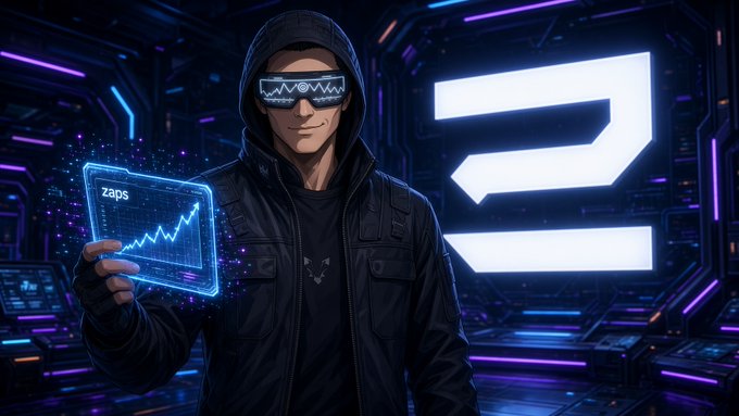 A digital illustration of a person in a black hooded jacket wearing glowing blue VR-style glasses, holding a holographic chart reading 'zaps' in a futuristic, neon-lit tech environment.