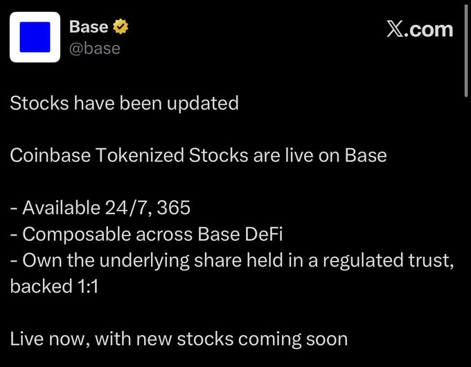 The image shows a tweet from Base (@base) announcing that Coinbase Tokenized Stocks are now live on the Base network, available 24/7, composable across Base DeFi, and backed 1:1 by underlying shares held in a regulated trust. This announcement aligns with the accompanying post's claim that Base has officially launched tokenized stocks, bringing real-world assets onchain with around-the-clock trading availability.