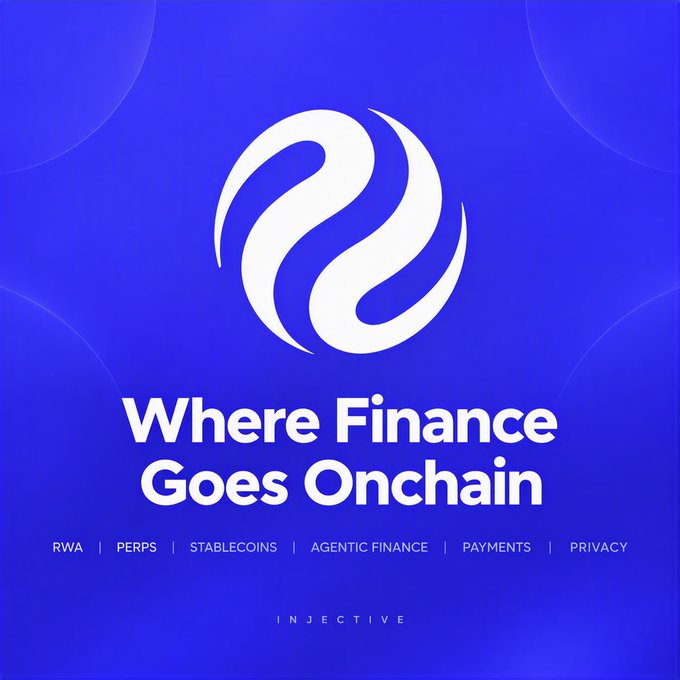 A bold blue promotional graphic for Injective features a white swirling logo above the tagline "Where Finance Goes Onchain," with categories listed below: "RWA | PERPS | STABLECOINS | AGENTIC FINANCE | PAYMENTS | PRIVACY," reinforcing the post's view of $INJ as a hub for next-generation onchain finance.
