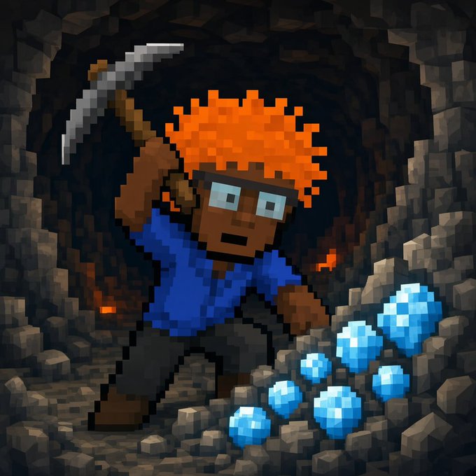 A pixelated character with wild orange hair wields a pickaxe in a dark mine, surrounded by glowing blue gems and rough stone walls. The scene visually ties into the $DERP meme theme, depicting the daily grind of meme coin mining and hunting for crypto gains.