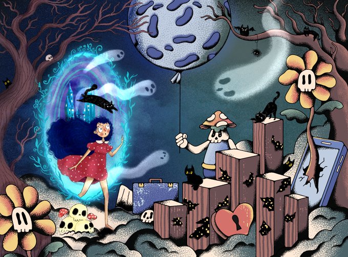 A whimsical cartoon illustration depicting a girl with dark hair stepping through a glowing portal, surrounded by skeletons, ghosts, black cats, and a cloaked figure holding a balloon in a spooky forest.
