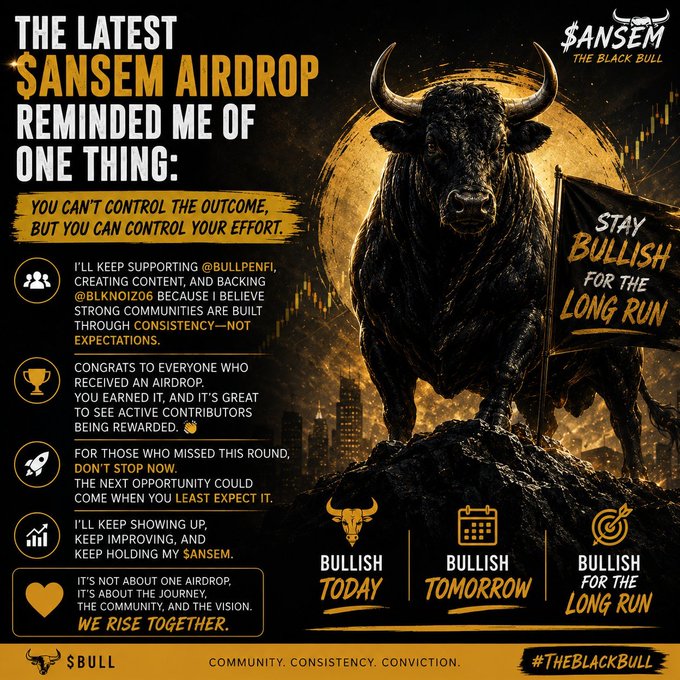 Promotional graphic for $ANSEM 'The Black Bull' featuring a bull illustration with text about the latest airdrop, emphasizing community support and bullish sentiment with phrases like 'STAY BULLISH FOR THE LONG RUN' and 'WE RISE TOGETHER.'