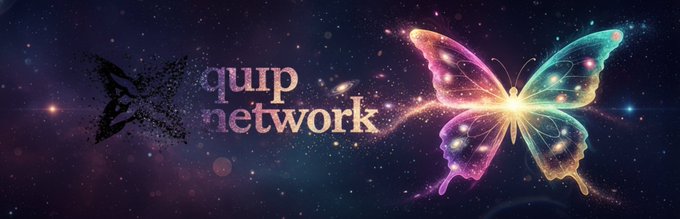 A digital graphic featuring a glowing, colorful butterfly on a starry cosmic background next to the text 'qump network' and a bird logo.