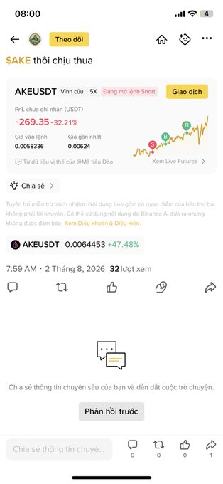 A mobile phone screenshot of a social media post showing crypto ticker $AKE USDT down 32.21% with text 'AKE thôi chịu thua' and a chart.