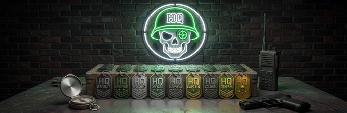 A promotional image displays a row of colorful 'HQ' branded dog tags with titles like 'Recruit,' 'Sergeant,' 'Officer,' 'Captain,' and 'General,' arranged on a wooden surface beneath a glowing green skull neon sign, with a walkie-talkie, compass, and handgun nearby.