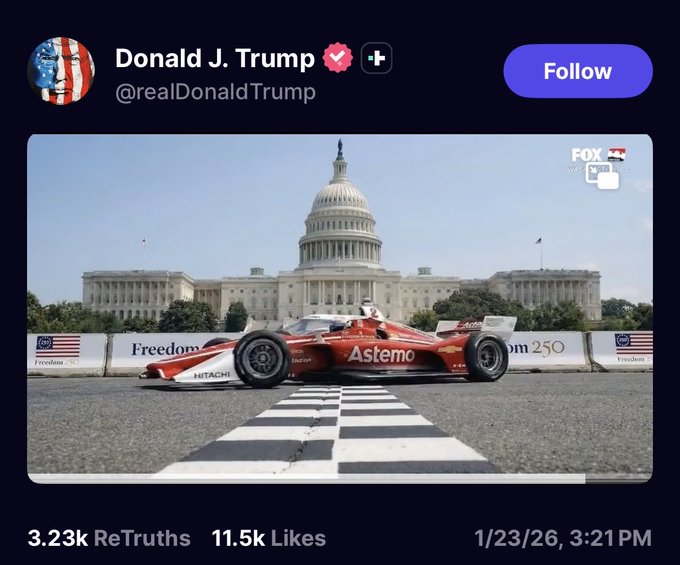 Social media post from Donald J. Trump (@realDonaldTrump) showing a race car with 'Astemo' branding on a track in front of the U.S. Capitol building, dated 1/23/26 with 3.23k ReTruths and 11.5k Likes.