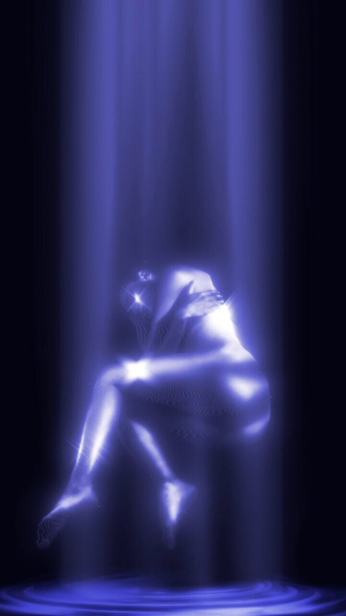 The image features a woman depicted as a geometric shape with her arms outstretched towards the sky, giving the impression of floating or ascending into space. The background is dark blue, which contrasts with the white lines that outline the woman's form. The image also includes text elements such as "Polygon1993" and "Ascending @ Polygon1993 objkt.com/tokens/KT1RJ6P".