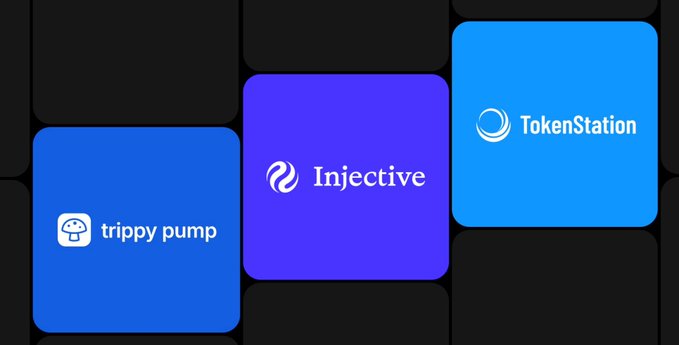 Three colored app icons (Trippy Pump, Injective, TokenStation) displayed on a dark background, likely from a launchpad or DeFi ecosystem.