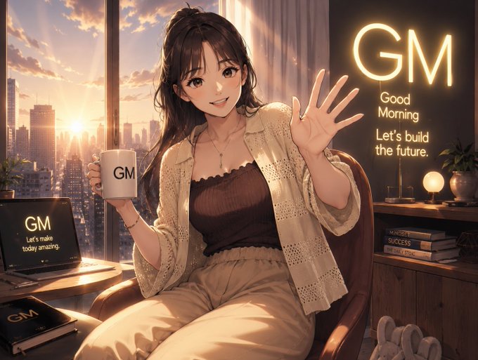 An anime-style illustration of a woman sitting in a chair, waving and holding a 'GM' mug, with a 'GM Good Morning Let's build the future.' neon sign and matching laptop in the background.