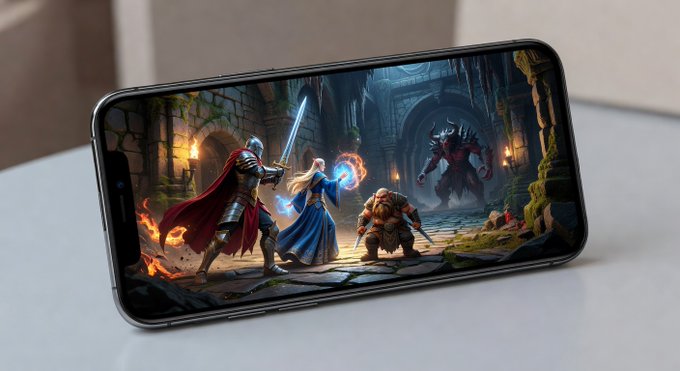 A smartphone lying on a surface displaying fantasy game artwork of an armored knight, a mage casting blue magic, a dwarf warrior, and a dark armored figure in a dungeon setting.