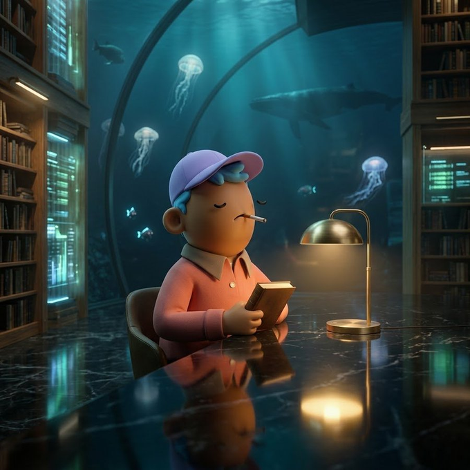 A 3D-rendered character wearing a pink sweater and a cap sits at a table reading a book and smoking a cigarette, with a large aquarium containing jellyfish and a whale visible in the background.