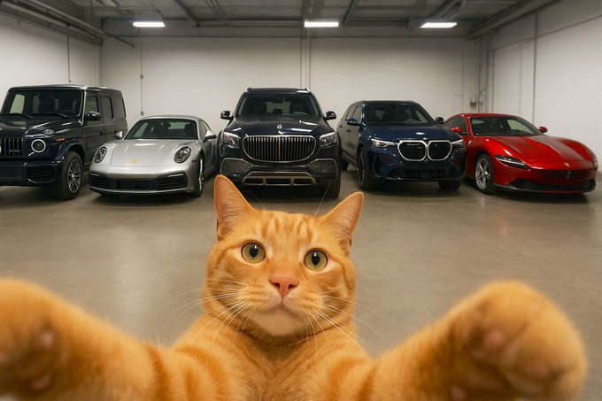 The image features an orange cat sitting in front of several luxury cars parked inside a garage or showroom. The cat appears to be taking a selfie with its paws raised up in the air, capturing the attention of viewers who are intrigued by this unusual sight. The cars include a Porsche, a Mercedes-Benz, and other luxury vehicles that add to the overall opulence of the scene.