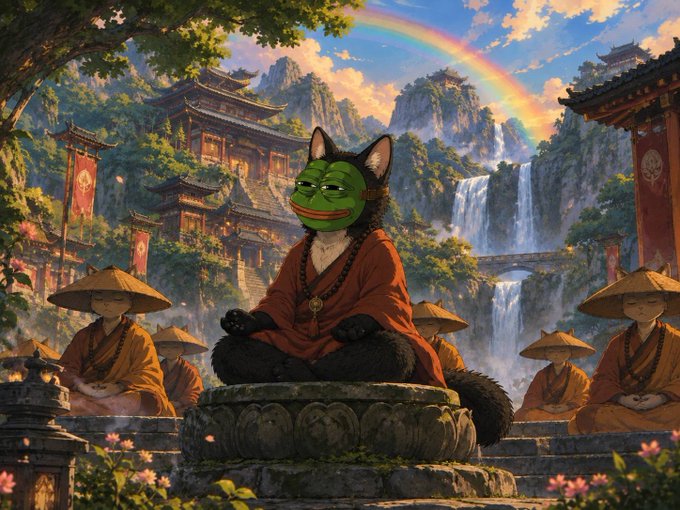 Fantasy illustration showing a black cat wearing a green grinning mask and red robes meditating in a lotus position, surrounded by monks with conical hats in a mountain temple setting with a rainbow.
