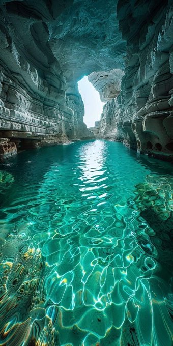 The image shows an underwater cave with a large pool of water inside. The water appears to be greenish-blue, creating a unique atmosphere within the cave. There are no people visible in the photo, but there is text that reads "Good Morning CT Thinking about @quipnetwork". This suggests that someone might have taken this picture while thinking about the post or pondering its content.