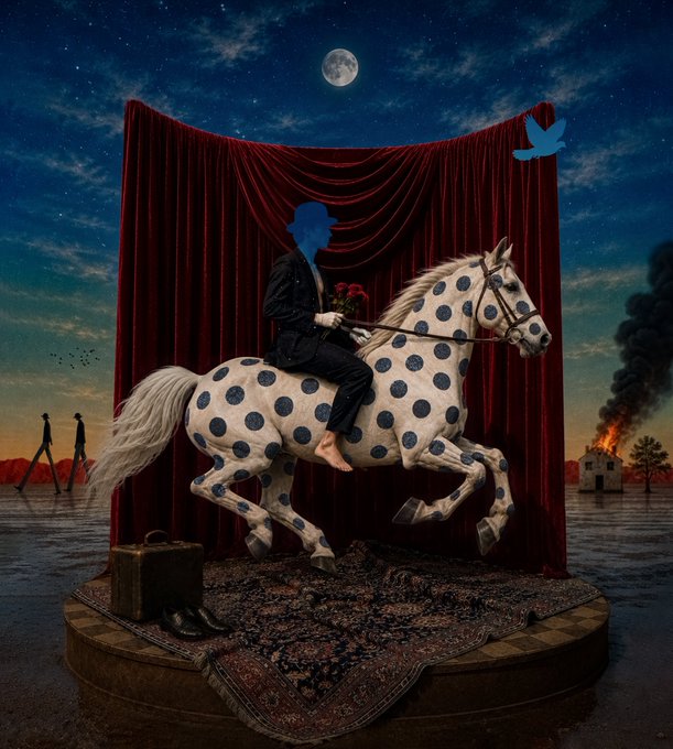 A surreal collage artwork showing a man with a blue silhouette face riding a white horse with blue polka dots in front of a red curtain, set against a surreal landscape with a moon and burning house.