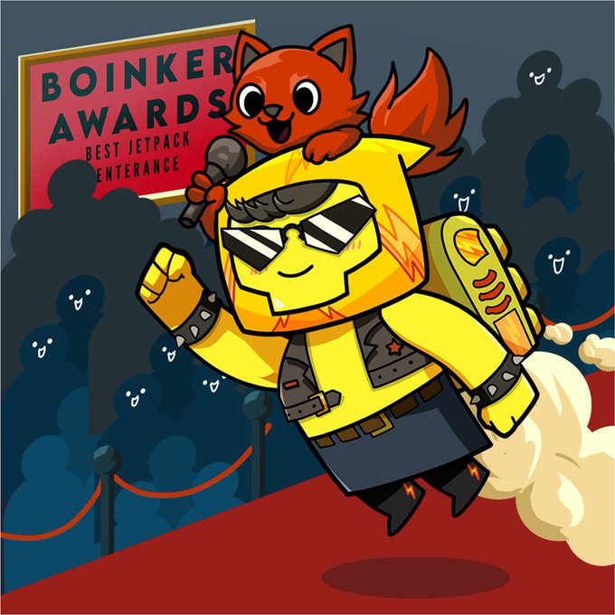 A cartoon character with a flaming yellow helmet, sunglasses, and jetpack makes a rock-star entrance on a red carpet at the "Boinker Awards - Best Jetpack Entrance," holding a microphone while a small red cat perches on his helmet, amid an applauding crowd of shadowy silhouettes. The image playfully promotes the accompanying post by depicting a confident, award-winning "best entrance" moment tied to the Boinkers wheel promotion.