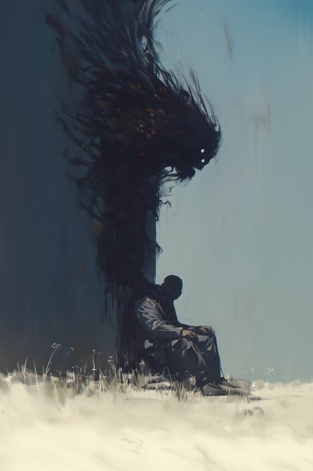 Dark, atmospheric digital artwork depicting a hooded figure sitting in a snowy landscape with a swirling shadowy entity with glowing eyes rising above them.