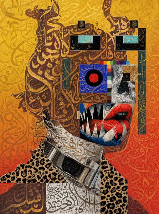 A vibrant mixed-media collage artwork depicting a stylized face with bold patterns, Arabic calligraphy, a red eye, prominent teeth, red lips, and leopard print elements on an orange and yellow background.