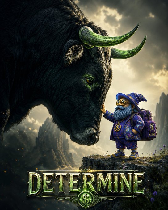 The image features a cartoon character, likely a wizard or gnome, standing next to a large black bull with horns. The character appears to be petting the bull's face while wearing a purple outfit. The background of the image shows mountains under a cloudy sky, creating an interesting and whimsical setting for this scene.