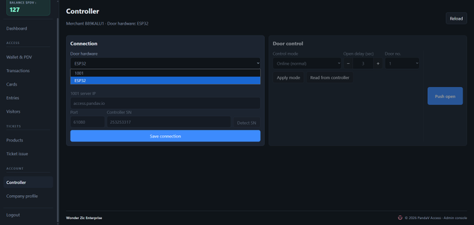 An admin console for a parking system titled 'Controller' shows configuration for merchant 'BIRKAULT' with door hardware set to 'TOP5' and connection status active.