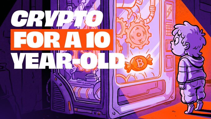 A purple-toned illustration shows a young child gazing at a glowing vending machine with gears and a Bitcoin coin, overlaid with bold text reading "CRYPTO FOR A 10 YEAR-OLD." The image ties into the post's metaphor of cryptocurrency as a shared, magical notebook that everyone can copy and update—like a classroom ledger that tracks trades and transactions.