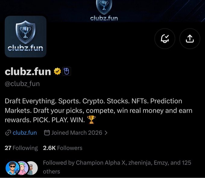 A social media profile page for "clubz.fun" (@clubz_fun), featuring a dark blue shield logo with a trophy, shows 2.6K followers and describes the platform as a place to "Draft Everything. Sports. Crypto. Stocks. NFTs. Prediction Markets," with the account joined in March 2026—matching the promotional post's call to follow the page for early alpha on the free ETH-chain NFT with a 1,111 supply.