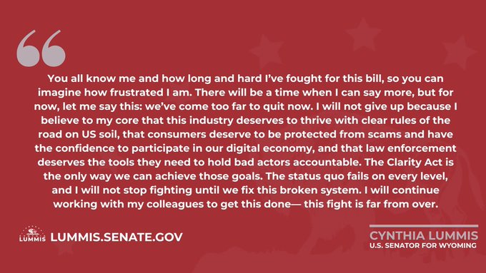 A red graphic features a quote from Cynthia Lummis, U.S. Senator for Wyoming, about the Clarity Act and digital economy, with LUMMIS.SENATE.GOV displayed.