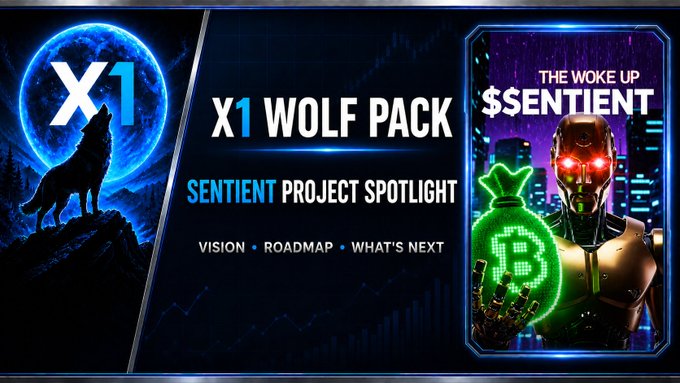 A promotional banner for 'X1 WOLF PACK' featuring a 'SENTIENT PROJECT SPOTLIGHT' with 'THE WOKE UP $SENTIENT' text, a wolf silhouette on a moon, and a cyborg holding a glowing money bag.