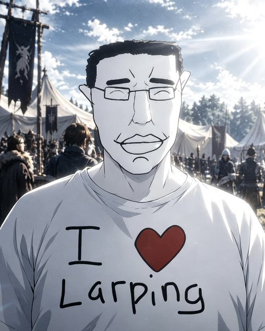 A cartoon Wojak with glasses smirks at the camera wearing an "I ❤️ Larping" shirt, set against a medieval battlefield with banners and tents. The image humorously frames the poster's casual, meme-speak call to "sack up" and buy more stock as a LARPing charge into battle.