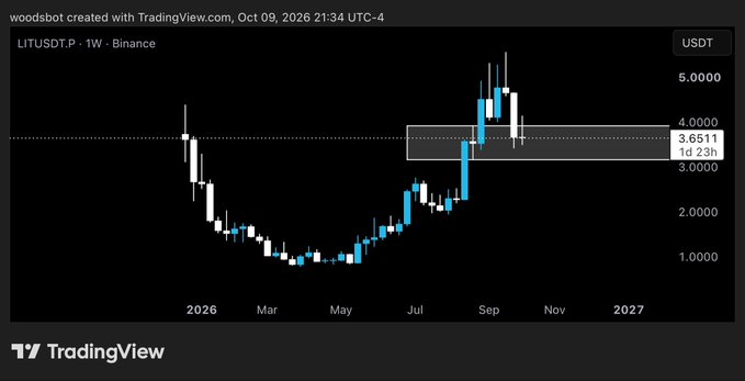 A candlestick chart from TradingView showing LITUSDT.P on Binance's 1-week timeframe, with the price currently retesting a highlighted demand zone around 3.65 USDT (between 3.00 and 4.00) after rallying from lows near 1.00 earlier in 2026—visually reinforcing the post's view that LIT is pulling back into an attractive accumulation level.