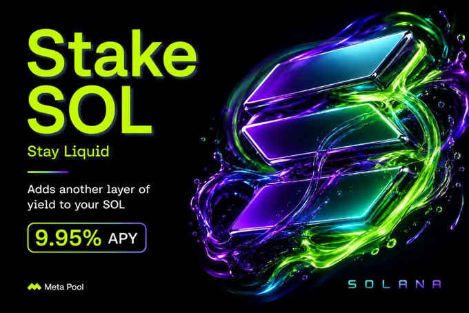 The image features a dark-colored poster with illustrations of a liquid, likely representing "Solana staking" or "Stake sol". The background is black, and there's a green, purple, and yellow color scheme. On top of this design, there are three stacked blocks that appear to be symbols for the company Solana. The title of the image is prominently displayed in large letters at the bottom, stating "Solana staking is on another level Leveraged Staking SOL adds another layer of yield". In the bottom left corner, there's a small white text that reads "9.95% APY". This information suggests that the image could be associated with an advertisement for Solana or something similar related to the company.