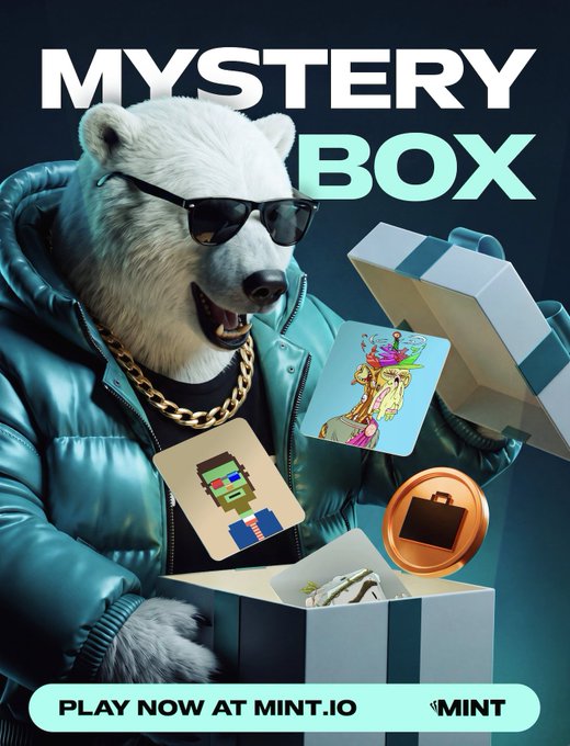 A promotional graphic for 'MYSTERY BOX' featuring an animated polar bear wearing sunglasses, a teal puffer jacket, and a gold chain, holding NFT cards including a pixelated figure, with text reading 'PLAY NOW AT MINT.IO' and the MINT logo.