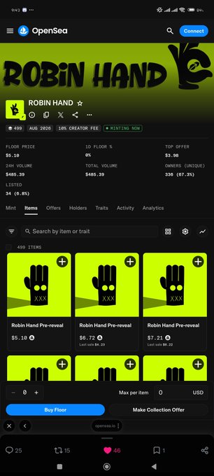 Screenshot of the OpenSea NFT marketplace showing the 'ROBIN HAND' collection page with a floor price of $5.10, displaying 498 items with a black glove logo on neon green backgrounds.