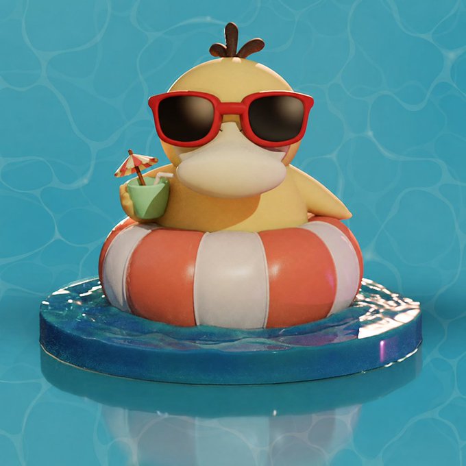 A 3D rendering of a Psyduck wearing red sunglasses, floating on an orange and white life preserver ring with a small cocktail, set against a turquoise water background.