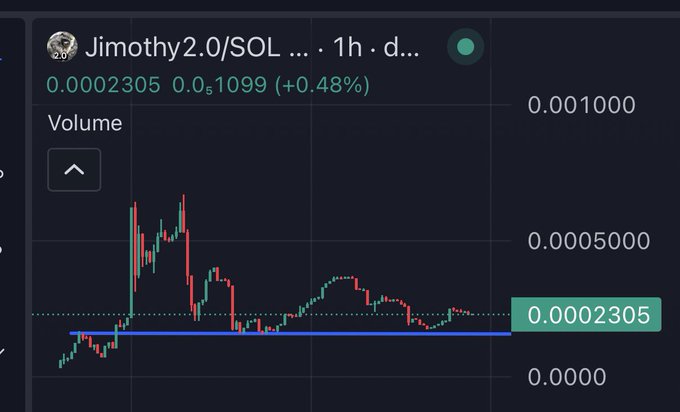 A crypto trading chart shows the Jimothy2.0/SOL token pair on a 1-hour timeframe, displaying a current price of 0.0002305 SOL with a modest 0.48% gain (0.0s1099), with price action showing an early spike near 0.001 before stabilizing near a horizontal support level. This visually supports the post's message about buybacks and burns providing the community an opportunity to profit, highlighting the token's volatile price history since launch.