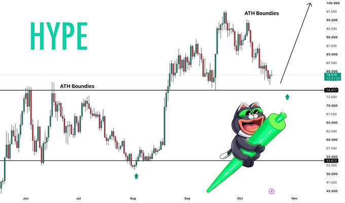 A candlestick chart labeled 'HYPE' showing ATH Boundaries from June to November with prices ranging from approximately 45,000 to 100,000, featuring a cartoon cat holding a large green pencil.