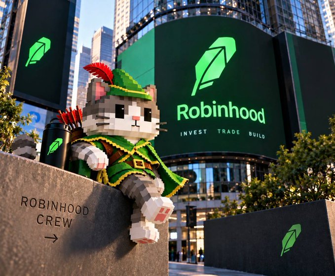 A promotional image featuring a pixel art cat dressed as Robin Hood sitting on a wall, with a large billboard reading 'Robinhood INVEST TRADE BUILD' in the background.