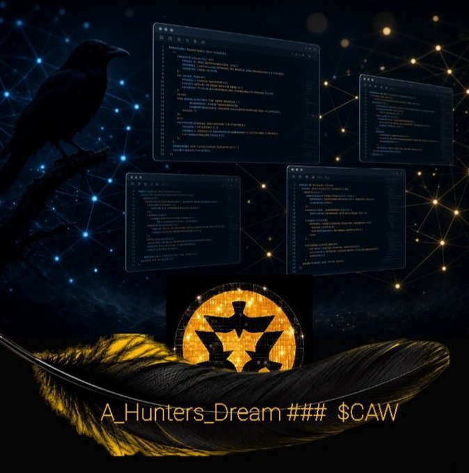 A dark digital artwork featuring a raven silhouette, floating code windows, a glowing geometric symbol, and the text "A_Hunters_Dream ### $CAW" at the bottom.